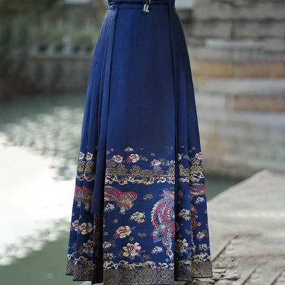 Mythstone Blue Phoenix Flowers Printed Chinese Hanfu Horse Face Skirt Mamianqun