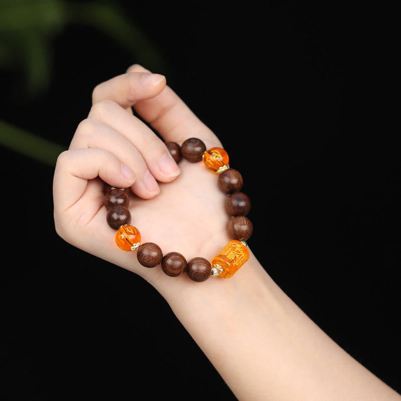 Mythstone Natural Phoebe Zhennan Wood Om Mani Padme Hum God Of Wealth Crystal Protection Bracelet