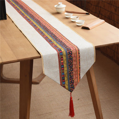 Mythstone Classic Chinese Style Lotus Koi Fish Flower Crane Calligraphy Enlightenment Cotton Linen Tassels Table Runner