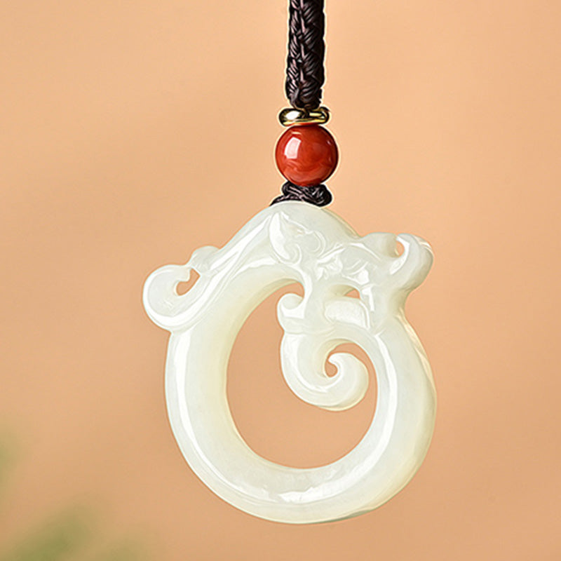 Mythstone White Jade Cyan Jade Dragon Protection Necklace String Pendant