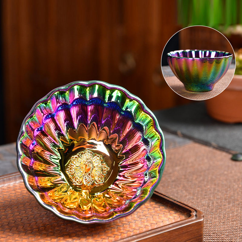 Mythstone Lotus Peacock Gold Inlaid Multicolored Chinese Jianzhan Ceramic Teacup Kung Fu Tea Cup