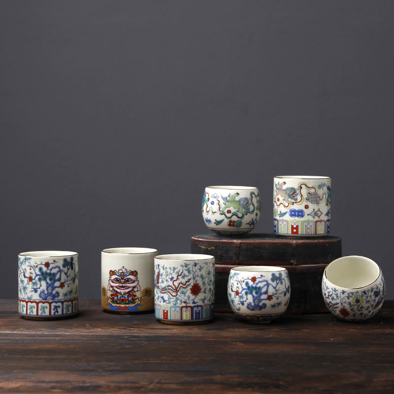 Mythstone Vintage Plum Blossom Pine Bamboo Phoenix Kirin Lion Dancing Ceramic Teacup Tea Cups