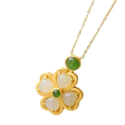 Mythstone 925 Sterling Silver Lucky Four Leaf Clover Jade Prosperity Necklace Chain Pendant