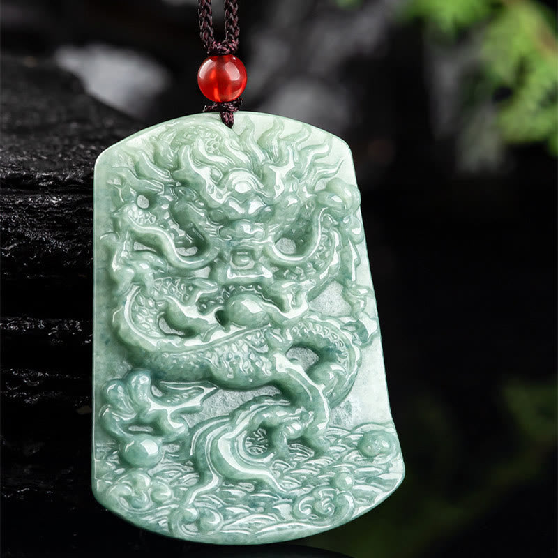 Mythstone Natural Jade Chinese Zodiac Dragon Sea Luck String Necklace Pendant