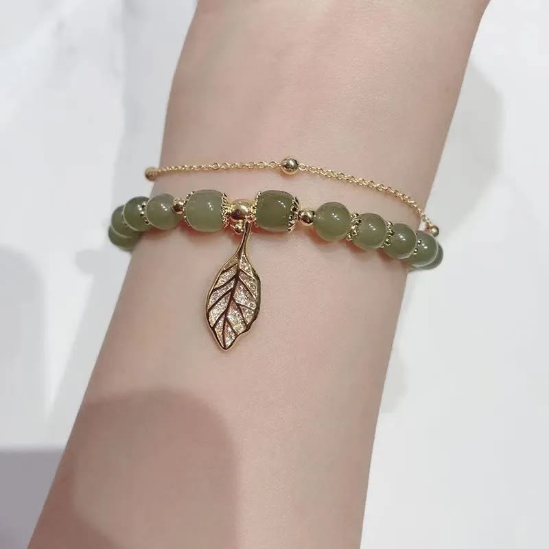 MythStone Jade Leaf Ginkgo Tulip Peanut Fu Character Luck Beaded Bracelet