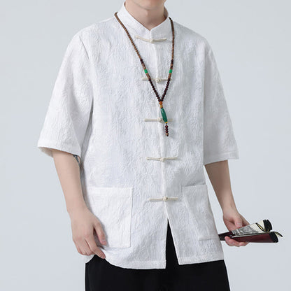 Mythstone Solid Color Jacquard Frog-button Chinese Half Sleeve Shirt Men T-shirt