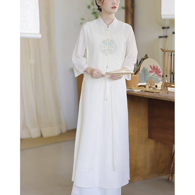 Mythstone Embroidery Chiffon Cheongsam Midi Dress Wide Leg Pants Meditation Zen Practice Clothing