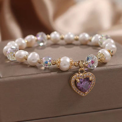 Mythstone Natural Pearl Amethyst Love Heart Healing Charm Bracelet