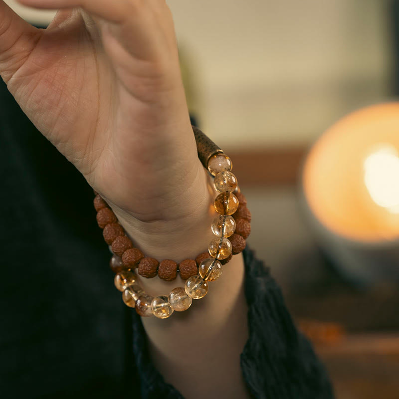 Mythstone Natural Citrine Crystal Rudraksha Bodhi Seed Brass Bead Prosperity Double Wrap Bracelet