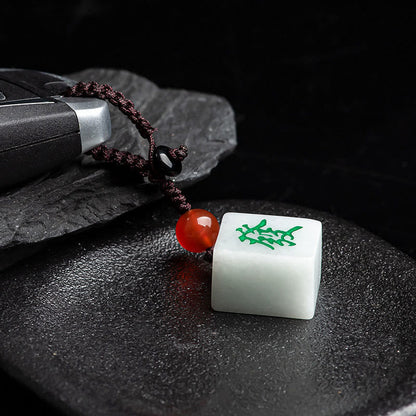 Mythstone Natural Jade Mahjong Fa Character Wealth Prosperity Phone Hanging Key Chain Decoration