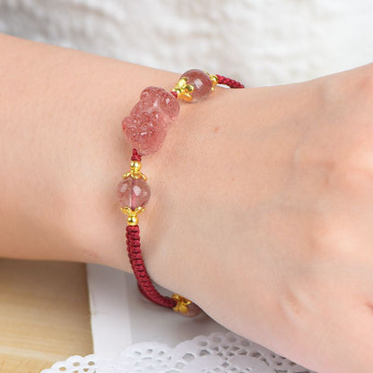 Mythstone Natural Strawberry Crystal Pixiu Charm Lucky Red String Bracelet