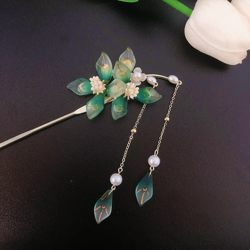 Mythstone Flower Leaf Pearl Peace Tassel Hairpin