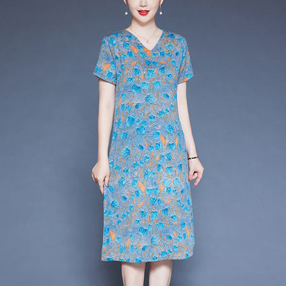 Mythstone V-Neck Tulip Flowers Short Sleeve Midi Dress With Pockets