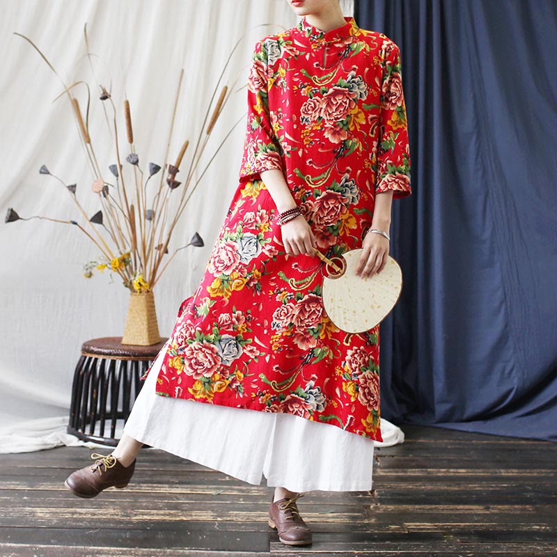 Mythstone Red Blue Peony Midi Dress Half Sleeve Cotton Linen Dress Wide Leg Pants With Pockets