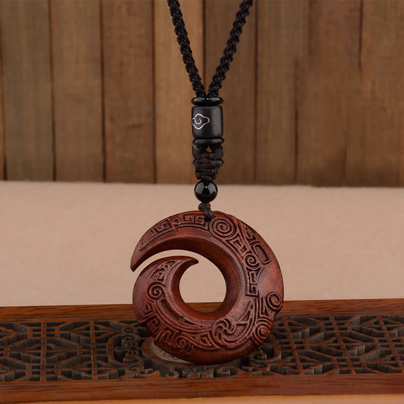 Mythstone Small Leaf Red Sandalwood Ebony Wood One's Luck Improves Design Patern Protection Necklace Pendant