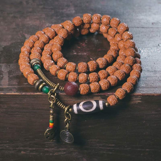 Mythstone 108 Mala Rudraksha Beads Bodhi Seed Dzi Bead Luck Auspiciousness Tassel Bracelet