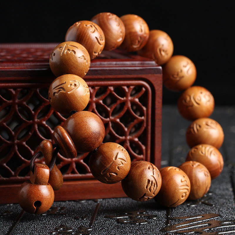 Mythstone Natural Tibetan Peach Wood Om Mani Padme Hum Engraved Ward Off Evil Spirits Bracelet