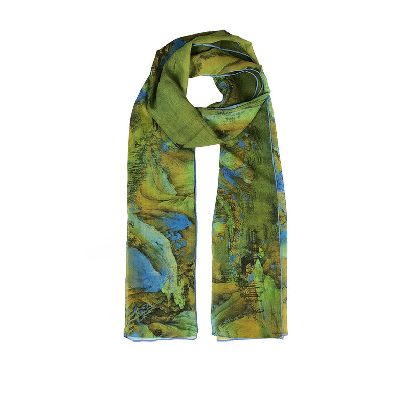 Mythstone A Panorama of Rivers and Mountains 100% Mulberry Silk Scarf Premium Grade 6A Silk Shawl