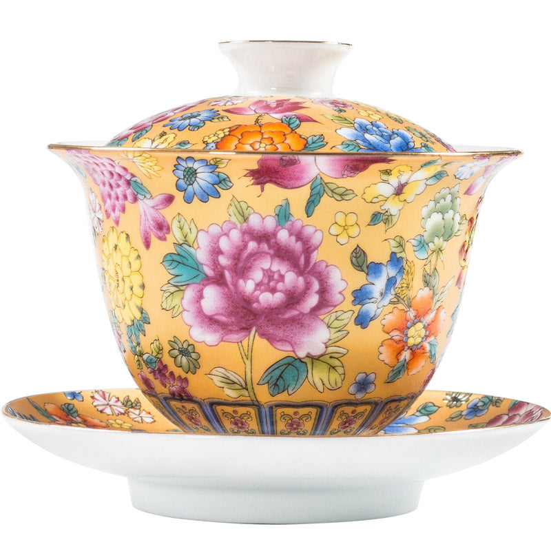 Mythstone Peony Flowers Ceramic Gaiwan Sancai Teacup Kung Fu Tea Cup And Saucer With Lid