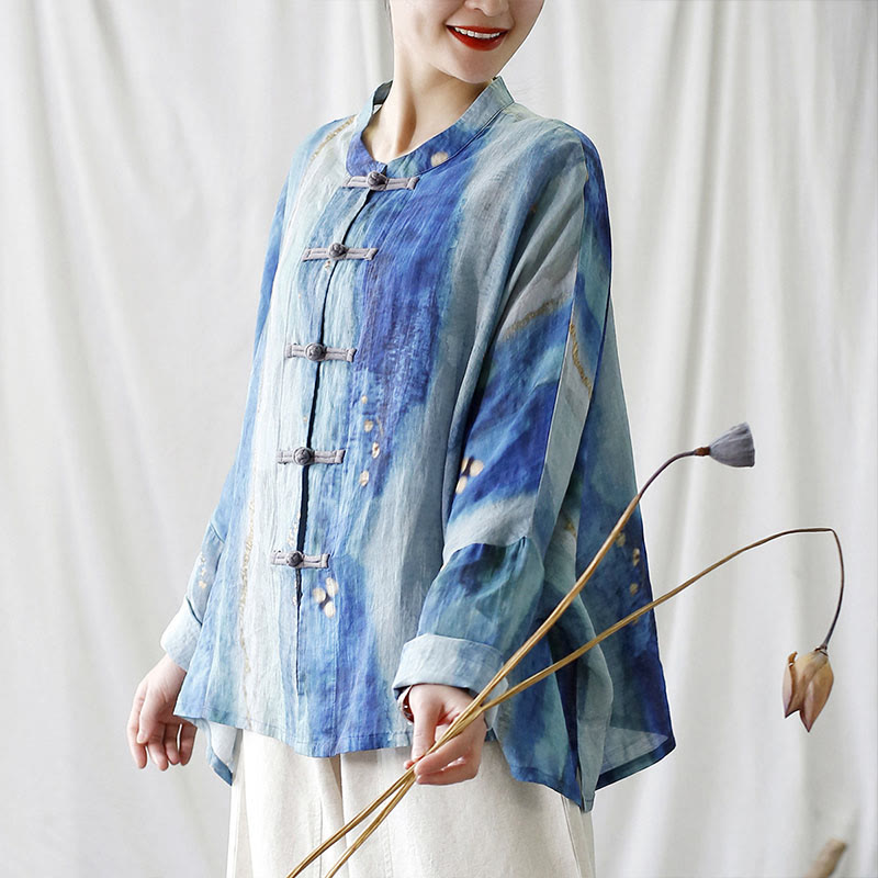 Mythstone Blue White Beige Small Flower Frog-button Design Long Sleeve Ramie Linen Jacket Shirt