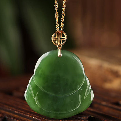 Mythstone 925 Sterling Silver Laughing Buddha Hetian Cyan Jade 18K Gold Success Necklace Chain Pendant