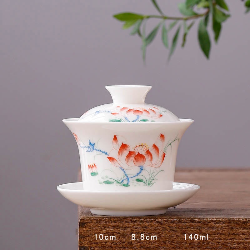 Mythstone White Porcelain Mountain Landscape Countryside Ceramic Gaiwan Teacup Kung Fu Tea Cup And Saucer With Lid