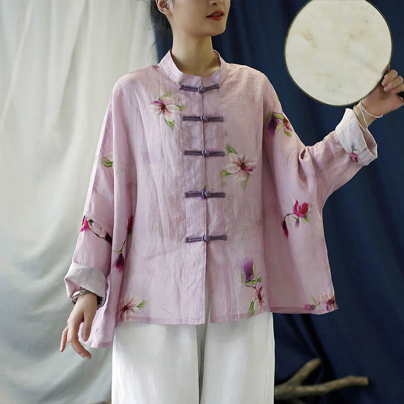 Mythstone Pink Flower Print Frog-button Design Batwing Long Sleeve Ramie Linen Jacket Shirt