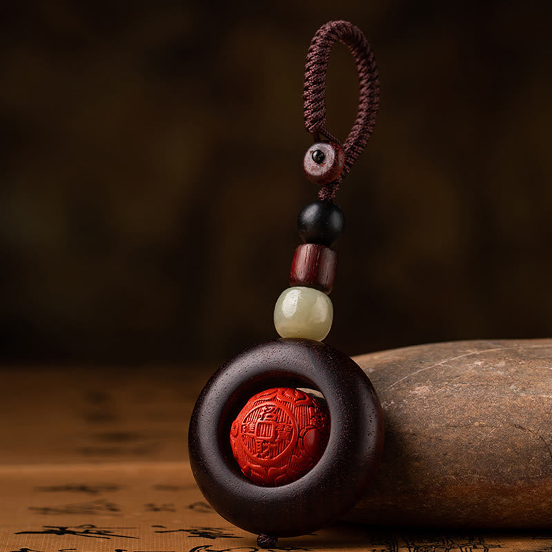 Mythstone Tibet Om Mani Padme Hum PiXiu Copper Coin Small Leaf Red Sandalwood Cinnabar Protection Key Chain