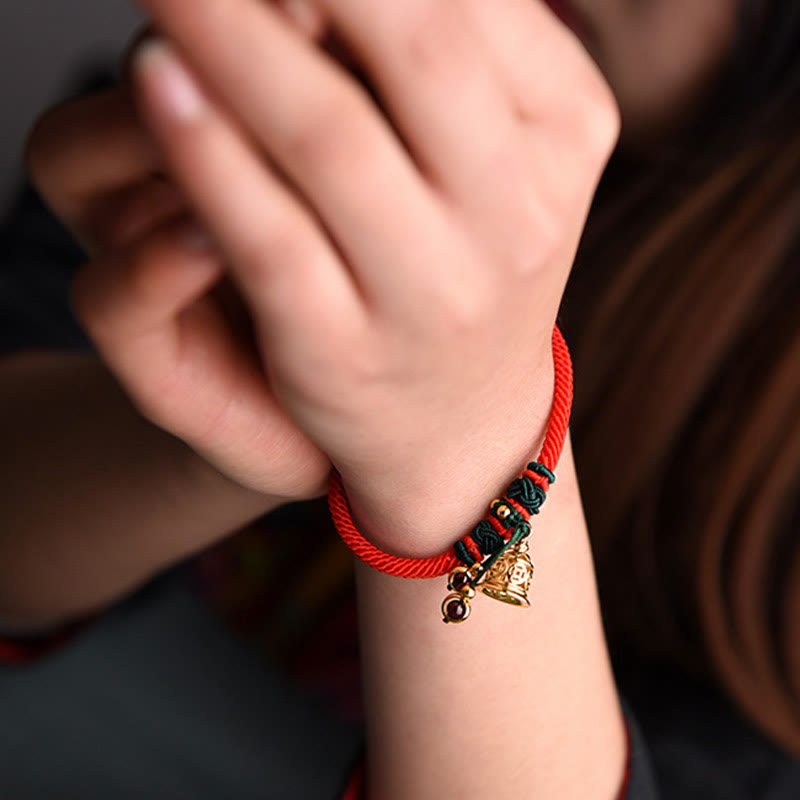 Mythstone 14K Gold Plated Copper Coin Bell Garnet Handcrafted Red Rope Bracelet