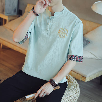 Mythstone Frog-Button Dragon Embroidery Chinese Tang Suit Short Sleeve Shirt Linen Men Clothing