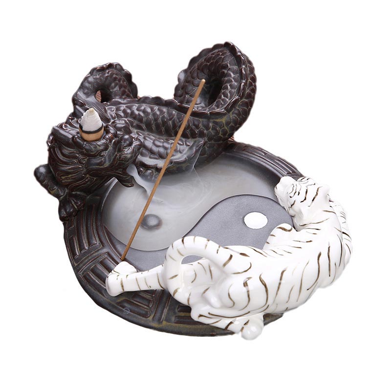 Mythstone Tiger Dragon Backflow Smoke Fountain Ceramic Yin Yang Blessing Incense Burner Decoration