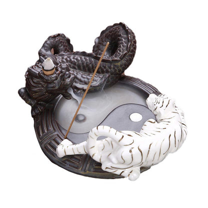 Mythstone Tiger Dragon Backflow Smoke Fountain Ceramic Yin Yang Blessing Incense Burner Decoration