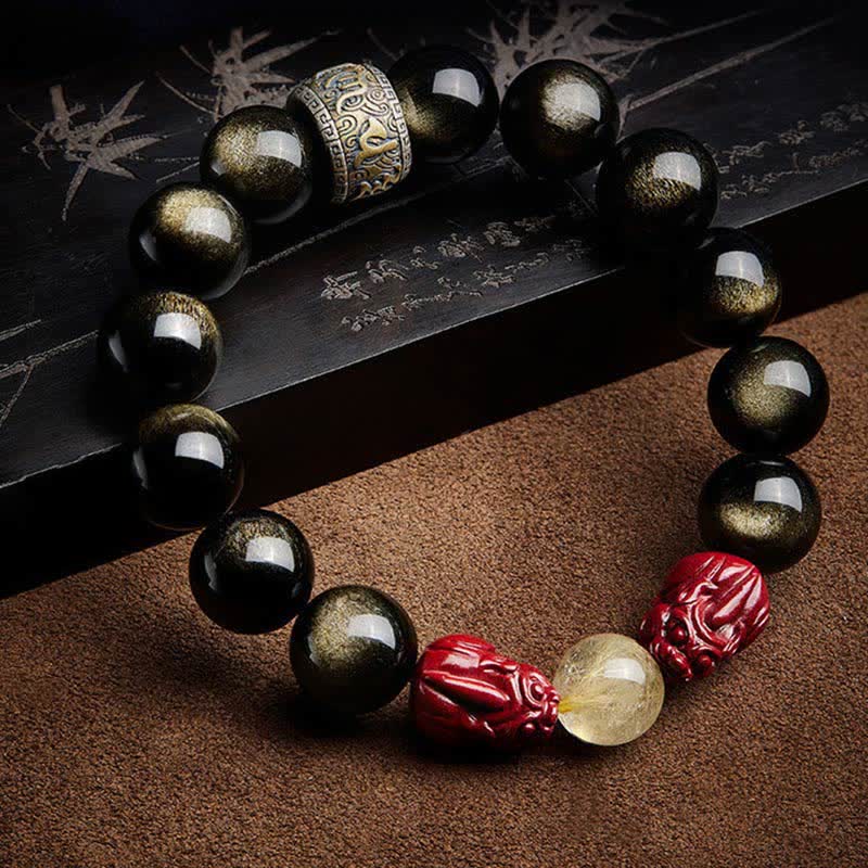 Mythstone Gold Sheen Obsidian PiXiu Cinnabar Om Mani Padme Hum Protection Bracelet