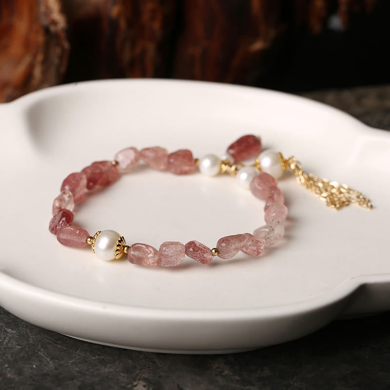 Mythstone Natural Strawberry Quartz Pearl 14k Gold Plated Love Healing Bracelet