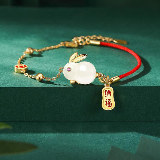 Mythstone Year of the Rabbit White Jade Happiness Red String Chain Bracelet