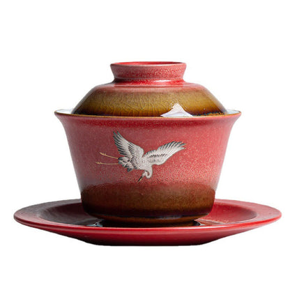 Mythstone Red Auspicious Crane Ceramic Gaiwan Sancai Teacup Kung Fu Tea Cup And Saucer With Lid