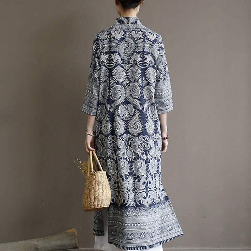 Mythstone Blue And White Porcelain Pattern Frog-button Midi Dress Three Quarter Sleeve Linen Batik Dress With Pockets