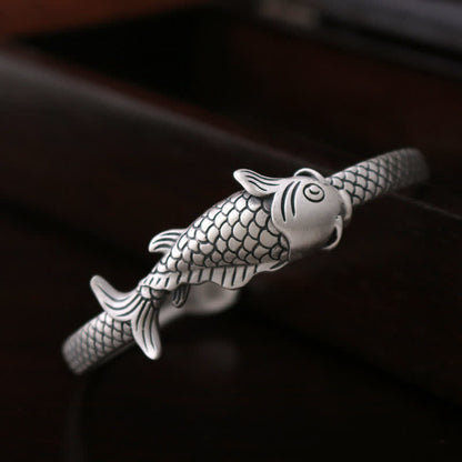 Mythstone 990 Sterling Silver Koi Fish Lotus Luck Wealth Bracelet Bangle