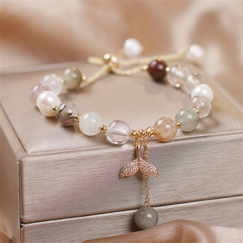 Mythstone Strawberry Quartz Rutilated Quartz Fishtail Charm Healing Bracelet