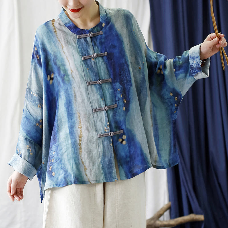 Mythstone Blue White Beige Small Flower Frog-button Design Long Sleeve Ramie Linen Jacket Shirt