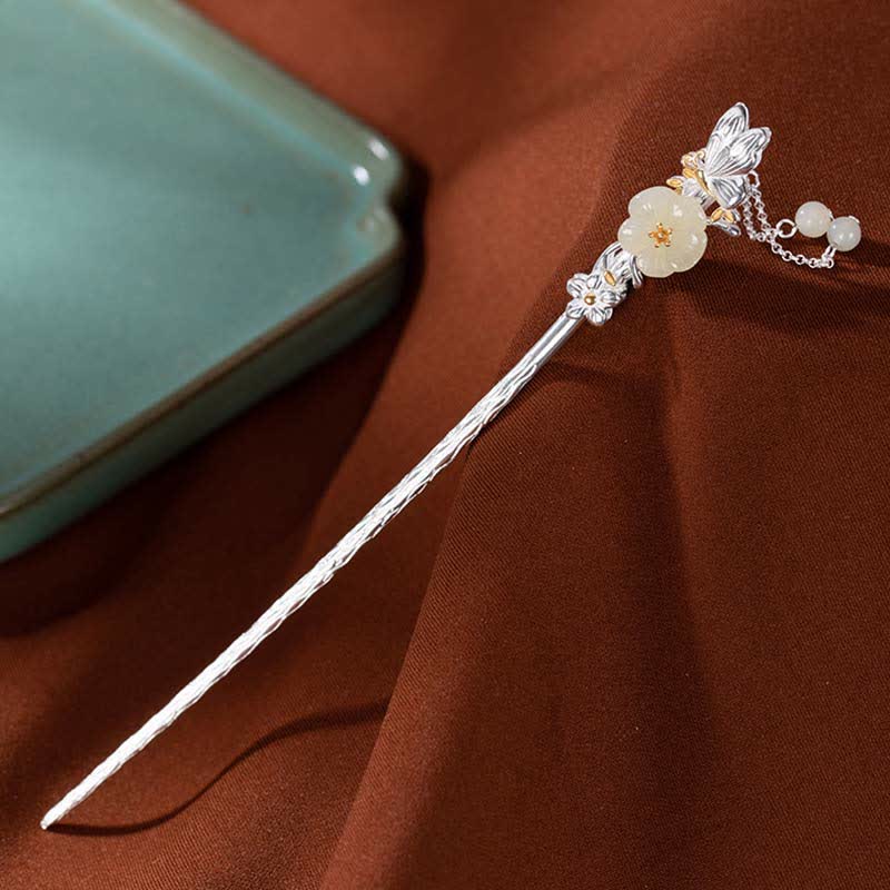 Mythstone 925 Sterling Silver Hetian White Jade Flower Blessing Hairpin