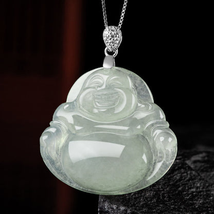 Mythstone 925 Sterling Silver Natural Jade Laughing Buddha Prosperity Abundance Chain Necklace Pendant