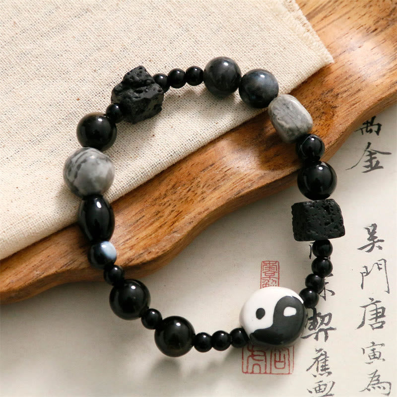 Mythstone Black Onyx Picasso Jasper Bead Yin Yang Fortune Protection Bracelet