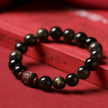 Pulsera curativa con personaje Om Mani Padme Hum Fu y obsidiana arcoíris con brillo dorado natural de Mythstone 