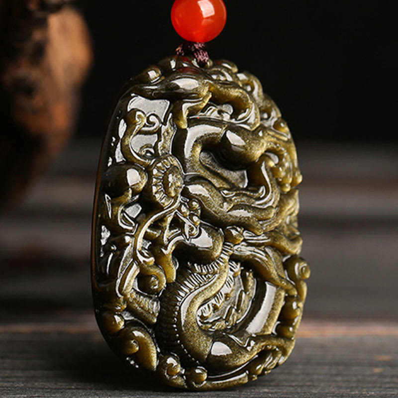 Mythstone Gold Sheen Obsidian Dragon Pattern Success Necklace Pendant