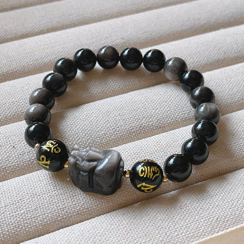 Mythstone Natural Silver Sheen Obsidian Black Obsidian Om Mani Padme Hum Pixiu Protection Bracelet