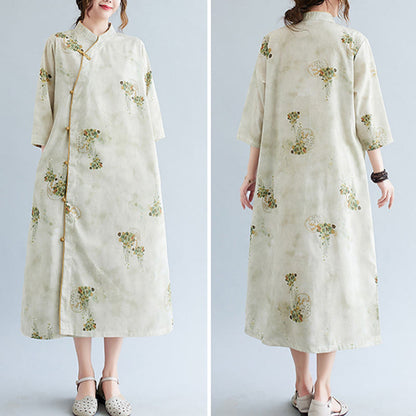 Mythstone Flowers Green Yellow Leaves Print Cheongsam Midi Dress Three Quarter Sleeve Dress With Pockets