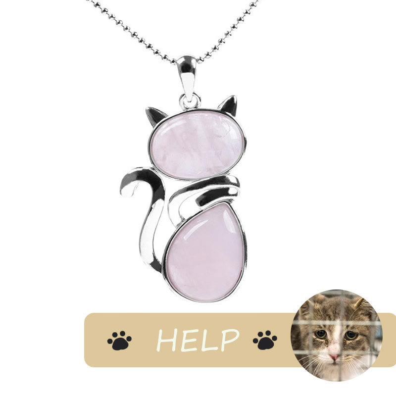 "Save A Cat" Cute Cat Pattern Natural Crystal Protection Cat-Loving Pendant Necklace