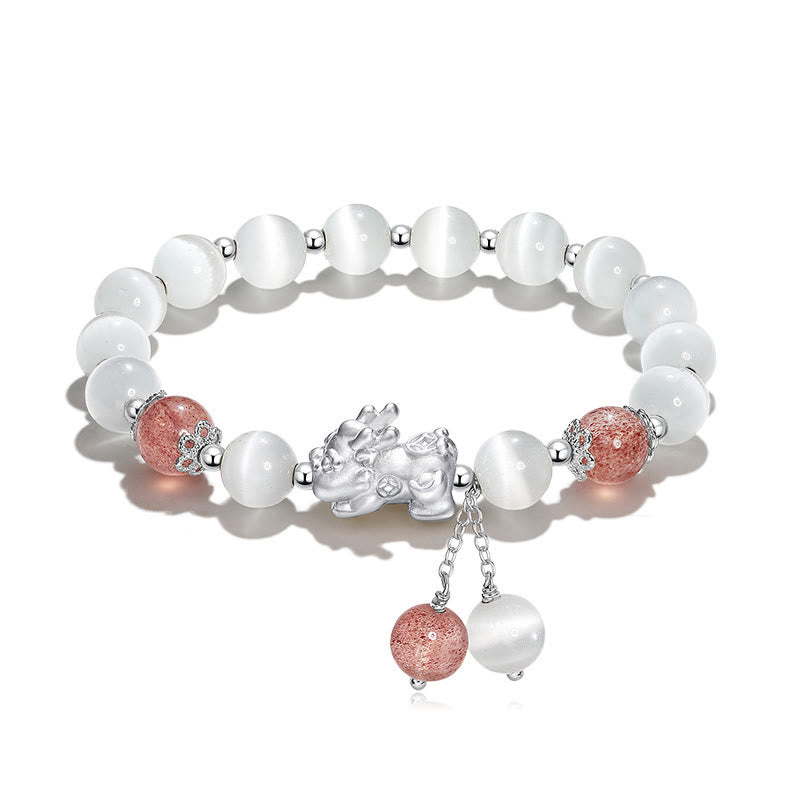 Mythstone Natural Cat's Eye Moonstone Strawberry Quartz PiXiu Support Bracelet