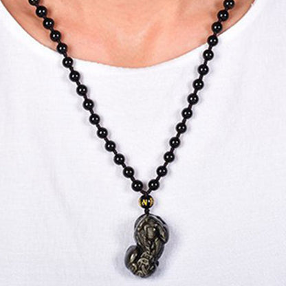 Mythstone FengShui Gold Sheen Obsidian PiXiu Wealth Necklace